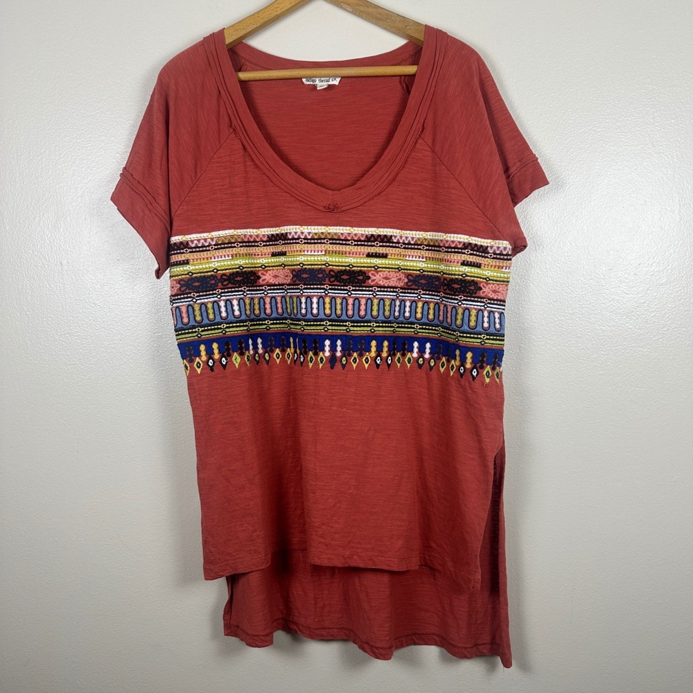 Indigo Thread Co. Women's L T-Shirt Rust Orange Embroidered Boho High-Low Hem